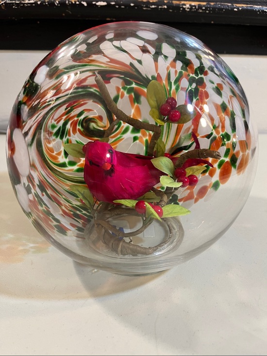 Other - Handblown Glass Globe with Pink Cardinal Accent